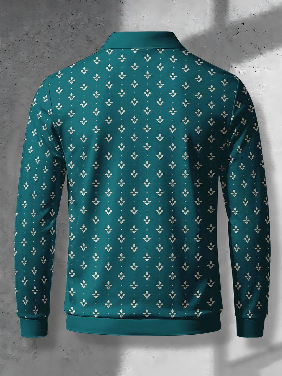 Men's Novelty Fashion Long-Sleeve Top with Fine Starburst Vintage Print, Three-Button Polo Shirt with Access Control Design, Punk Street Style Lapel Top for Daily Commuting and Outings, Surprise Birthday and Holiday Gift for Men - Mixed Color G