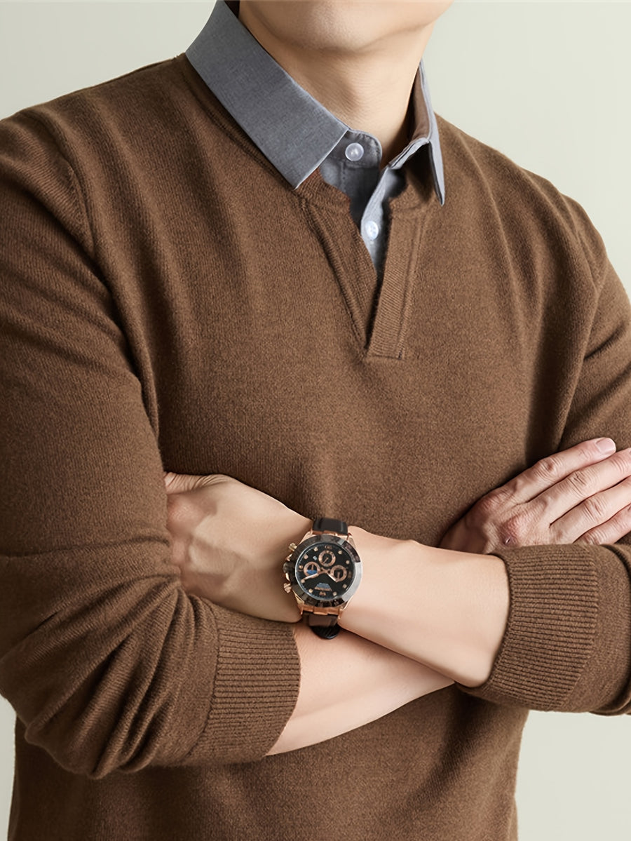 Men'S Thickened Polo Collar Faux Two-Piece Sweater, Autumn Winter Business Commute Sweater, Contrast Shirt Collar Pullover Top - SINBOS, Knit - Mocha Brown