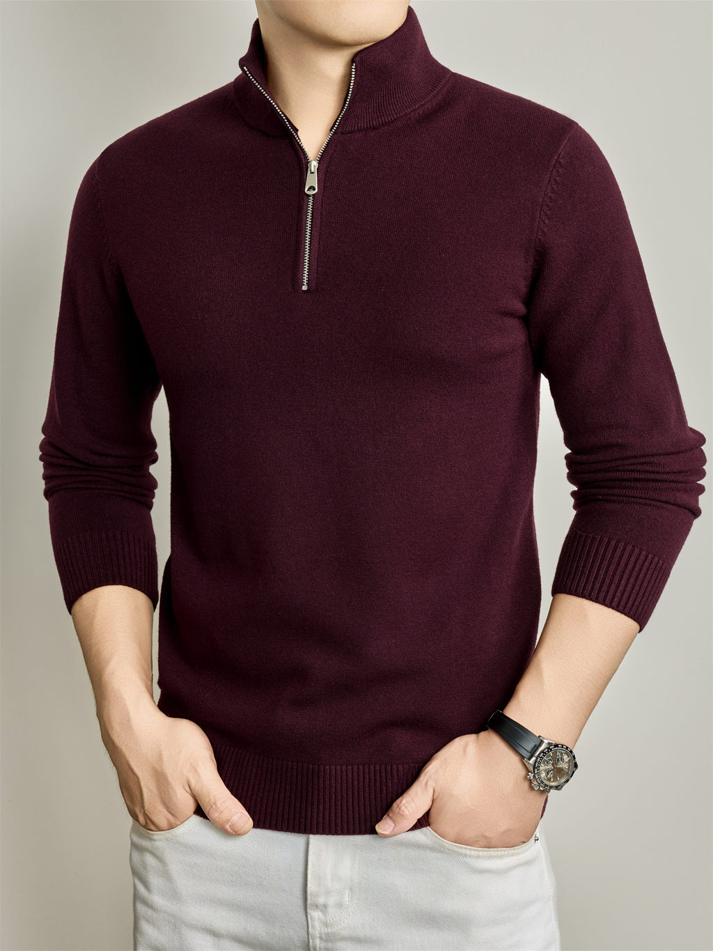 Autumn/Winter Knitted Solid Color Half-Zip Stand Collar Sweater, Basic Knit Pullover, Men's Fashion Long Sleeve Knitwear, QiS - Flower Purple