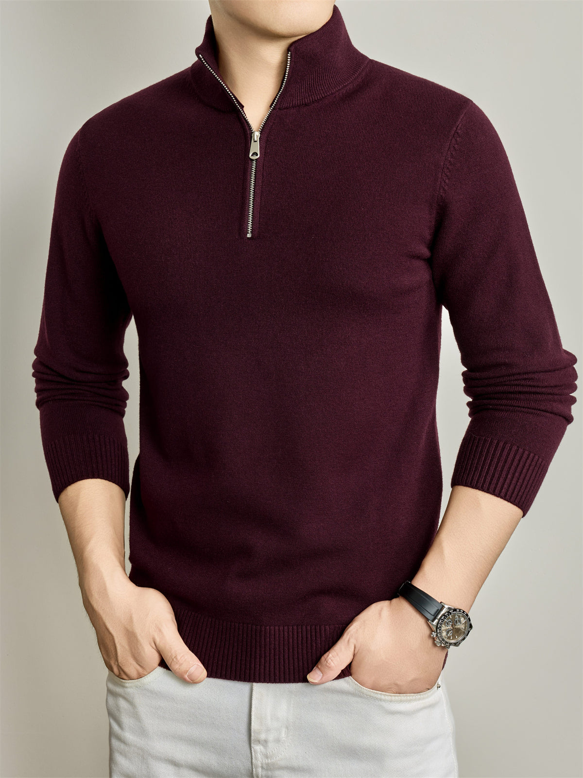 Autumn/Winter Knitted Solid Color Half-Zip Stand Collar Sweater, Basic Knit Pullover, Men's Fashion Long Sleeve Knitwear, QiS - Flower Purple