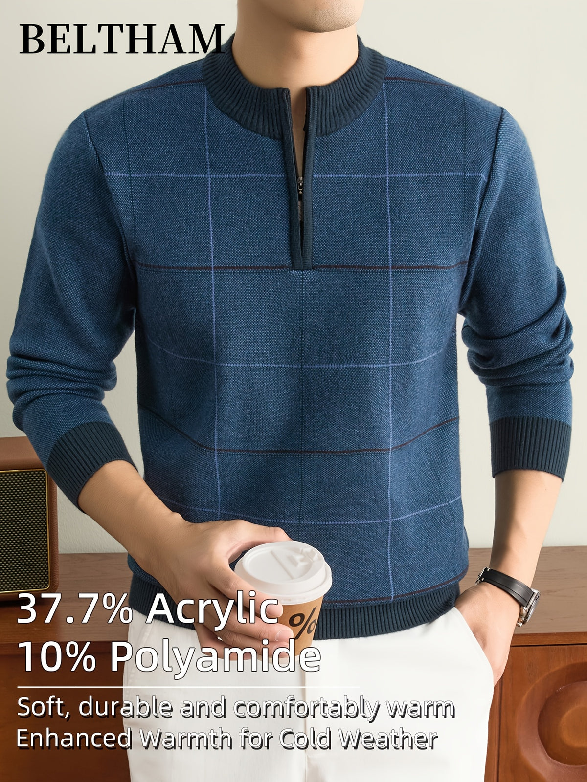 Men' Thick Warm Winter Knit Sweater Half-Zip Collar Pullover - Soft Thermal Long Sleeve Round Neck Sweater Suitable for Casual, Business, Outdoor Wear, Ideal Gift for & Husband, Fishing, Camping, Daily Use, Hand Washable - Shangqing