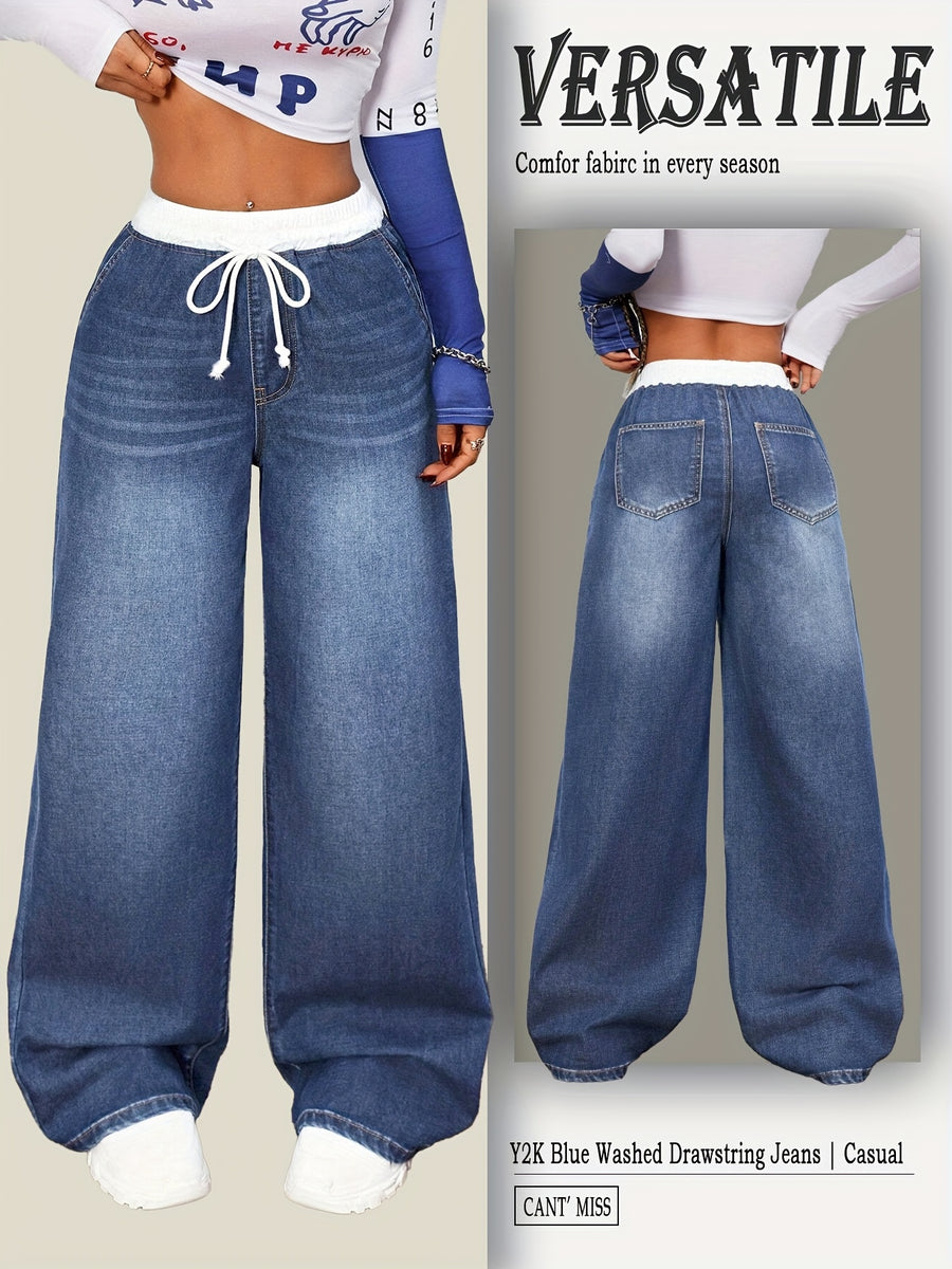2026SS Women's Y2K Vintage Jeans Drawstring Loose Fit Casual Denim Pants - Blue