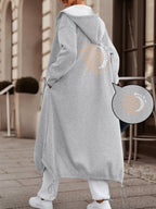 Women'S Casual Fashion Long Hooded Coat | Geometric Sun And Moon Print In Light Golden With "Good Vibes Only" | Comfortable And Versatile For Daily Commute - Grey