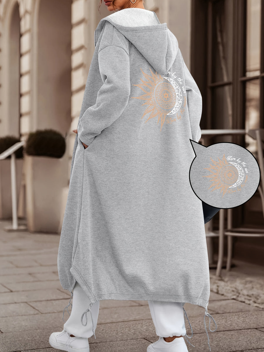 Women'S Casual Fashion Long Hooded Coat | Geometric Sun And Moon Print In Light Golden With "Good Vibes Only" | Comfortable And Versatile For Daily Commute - Grey