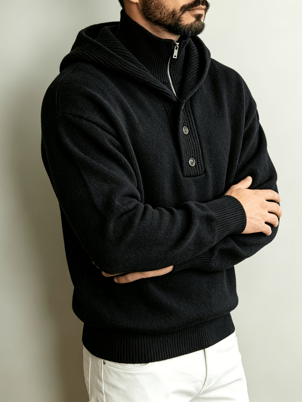 Autumn/Winter Men's 2-in-1 Look Hooded Knit Sweater, Half-Zip High Neck Design with Overlay Button Placket, Fine, Soft, and Skin-Friendly Fabric, Regular Fit for Slimming and Concealing. A Versatile Top for Casual and Daily Commutes, a Warm - Black