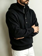 Autumn/Winter Men's 2-in-1 Look Hooded Knit Sweater, Half-Zip High Neck Design with Overlay Button Placket, Fine, Soft, and Skin-Friendly Fabric, Regular Fit for Slimming and Concealing. A Versatile Top for Casual and Daily Commutes, a Warm - Black