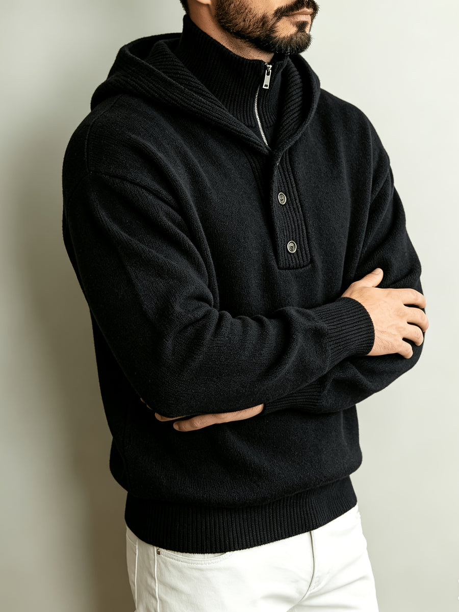 Autumn/Winter Men's 2-in-1 Look Hooded Knit Sweater, Half-Zip High Neck Design with Overlay Button Placket, Fine, Soft, and Skin-Friendly Fabric, Regular Fit for Slimming and Concealing. A Versatile Top for Casual and Daily Commutes, a Warm - Black