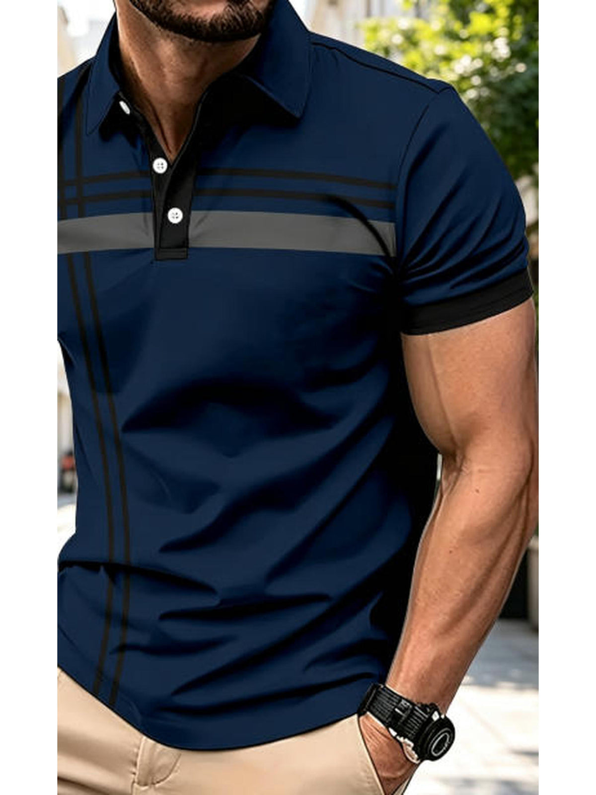 Men's Digital Print Polo Shirt, Summer Casual Short Sleeve Polo, Fashionable Digital Print with Chest Stripe, Outdoor Sports Polo, Breathable and Comfortable, Machine Washable - Mixed colors