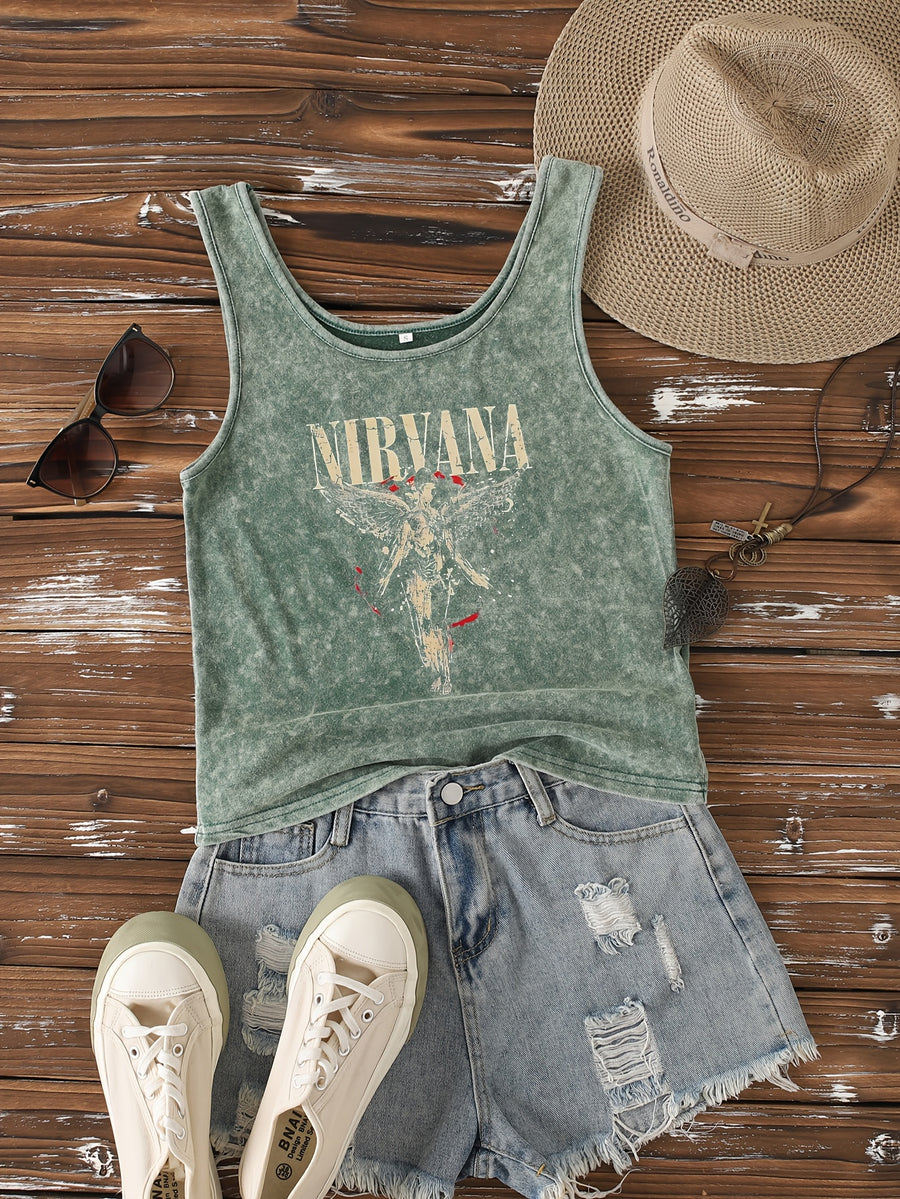 Ladies' Fashion Trend Fried Snowflake Washed - Angel Creative Pattern Printed Sleeveless Vest - Dark Green