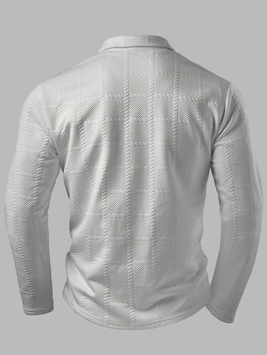 Men's Fashion Top, Autumn/Winter Outdoor Casual Textured Jacquard Fabric, Color-Block Patchwork Lapel Zipper Long-Sleeve Polo Shirt - White