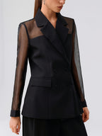 Fashionable Women's Elegant Blazer, Stylish High-End Mesh Patchwork Double-Breasted New Casual Suit Jacket - Black