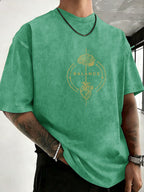 Men's 100% Cotton Washed Distressed Crew Neck Short-Sleeve T-Shirt, Balance Brain Heart Graphic Double-Sided Print, Trendy Loose Casual Tee Tops, 12 Colors Available - Green