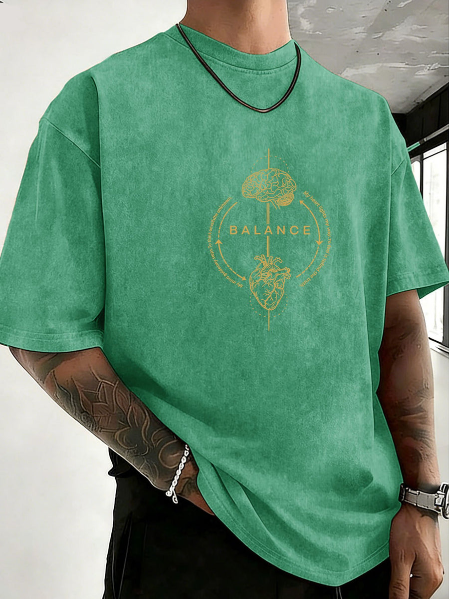 Men's 100% Cotton Washed Distressed Crew Neck Short-Sleeve T-Shirt, Balance Brain Heart Graphic Double-Sided Print, Trendy Loose Casual Tee Tops, 12 Colors Available - Green