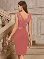 54456A Women's Elegant Round Neck V-Neck Backless Sleeveless Sequin Lace Wedding Party Bridesmaid Short Dress - Cinnamon
