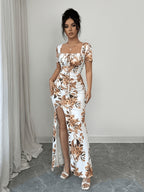Women'S Summer Short Sleeve Dress, Digital Print Vacation Dress, Beach Vacation Dress, Slit Hem, Ruched Waist Long Dress - Beige