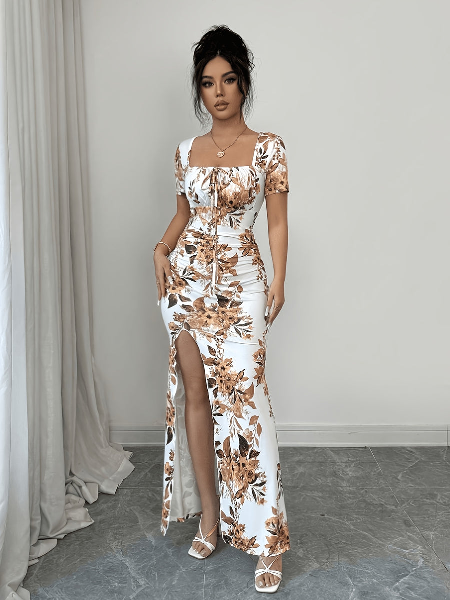 Women'S Summer Short Sleeve Dress, Digital Print Vacation Dress, Beach Vacation Dress, Slit Hem, Ruched Waist Long Dress - Beige
