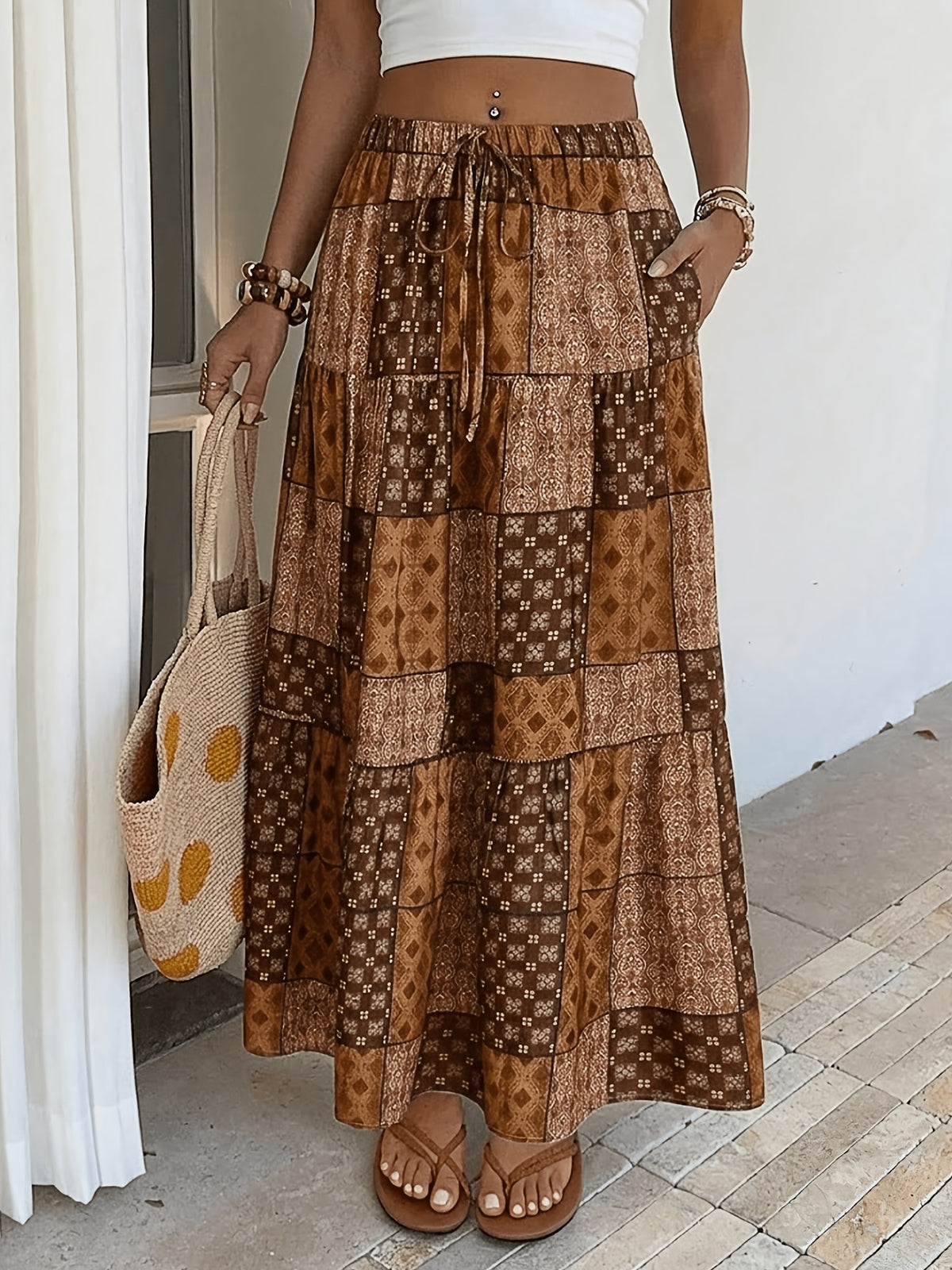 Women's Vintage Style Printed Drawstring Waist Ruffle Simple Everyday A-Line Skirt, Suitable for All Seasons: Spring, Summer, Autumn, Winter - Coffee Color