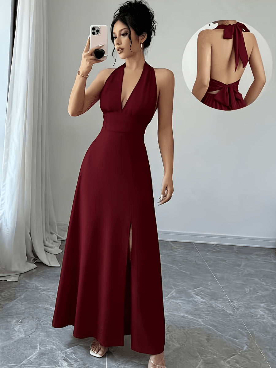 Women's Elegant Solid Color Sleeveless Bow Tie Back Tie Hem Slit Dress - Burgundy