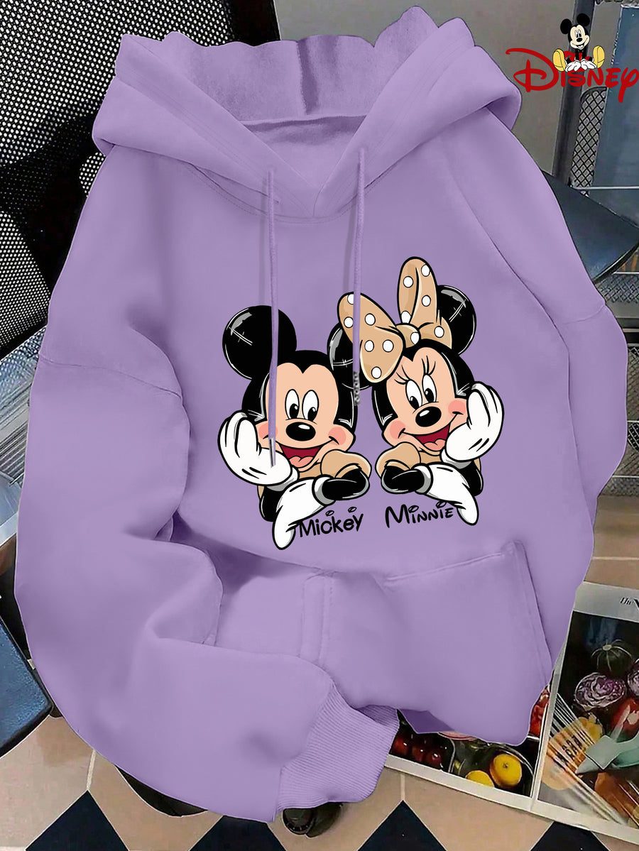 Cute Style Mickey Minnie Face Print Japanese Hooded Sweatshirt, Casual Comfortable Kangaroo Pocket Pullover Top - Purple