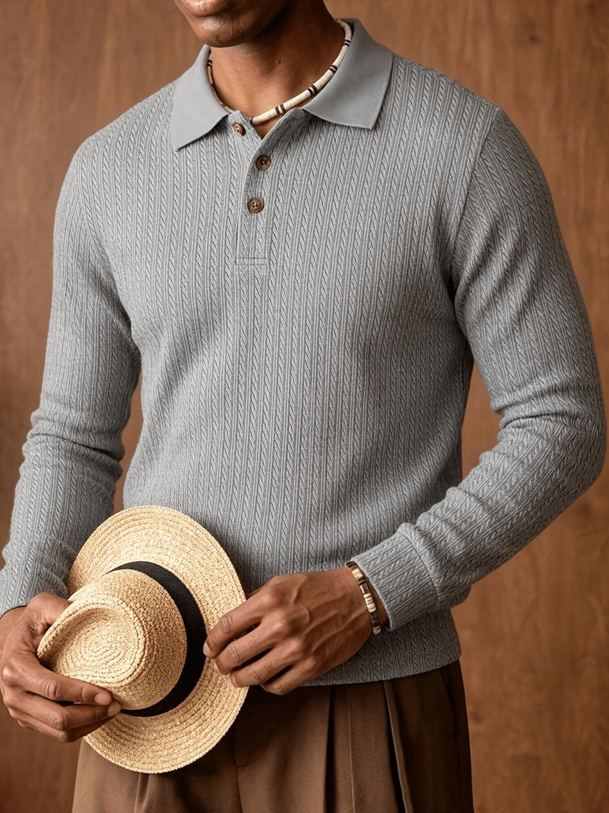 Autumn/Winter New Arrival: 1pc Men's Twisted Cable Vertical Stripe Knit Long-Sleeve Polo Shirt, Three-Dimensional Jacquard Texture, Classic Lapel, Vintage Brown Wood Grain Three-Button, Stretchy Soft Knitted Fabric, Solid Color Minimalist Top - Grey