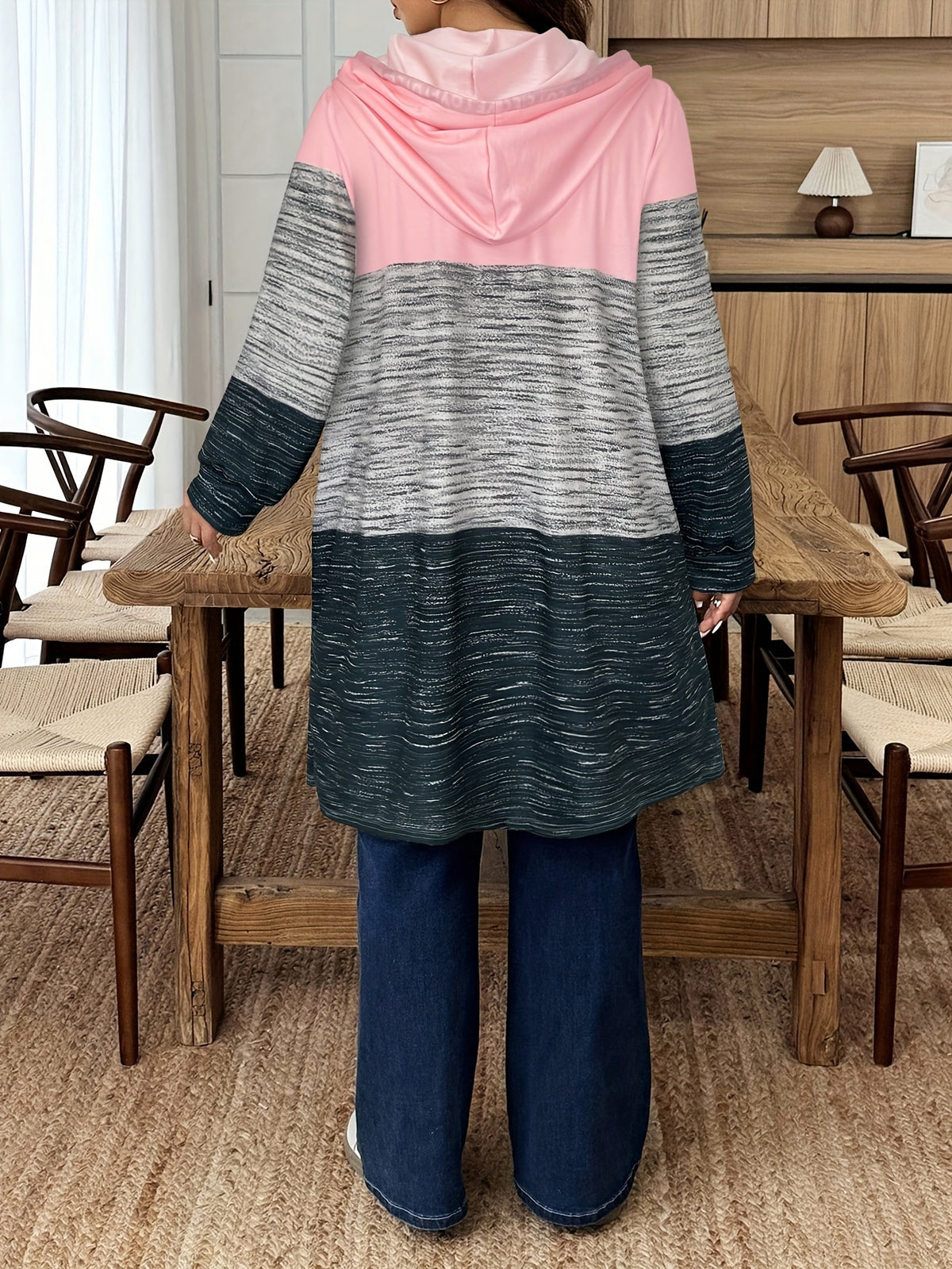 Plus Size, Cross-border Autumn/winter New Color-block Printed Letter Drawstring Hooded Long-sleeve Pocket Women's Plus-size Casual Jacket - Mixed colors