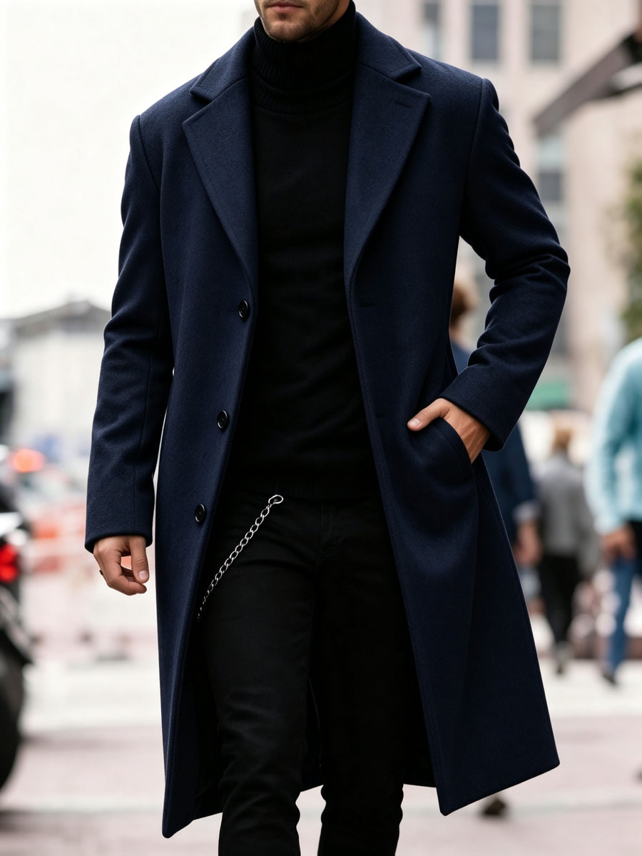 Men's Long Tweed Overcoat, European and American Style Suit Lapel Single-Breasted Slim Fit Blend Coat, Autumn/Winter Windproof and Warm Business Men's Wear, Multiple Colors Available, 100% Polyester - Navy Color