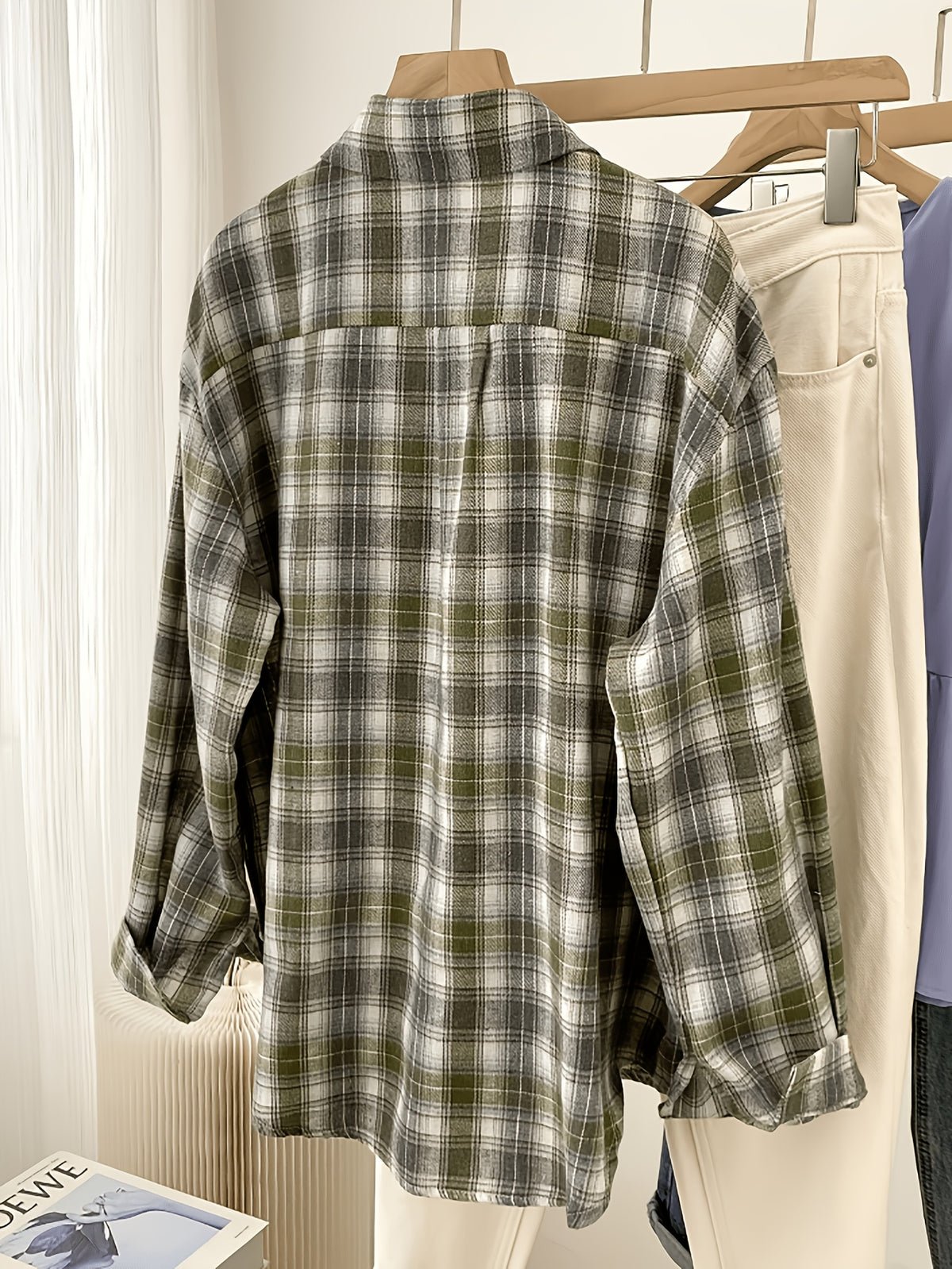 Women'S Shirt Multicolor Brushed Checkered Shirt Loose Top - Army Green