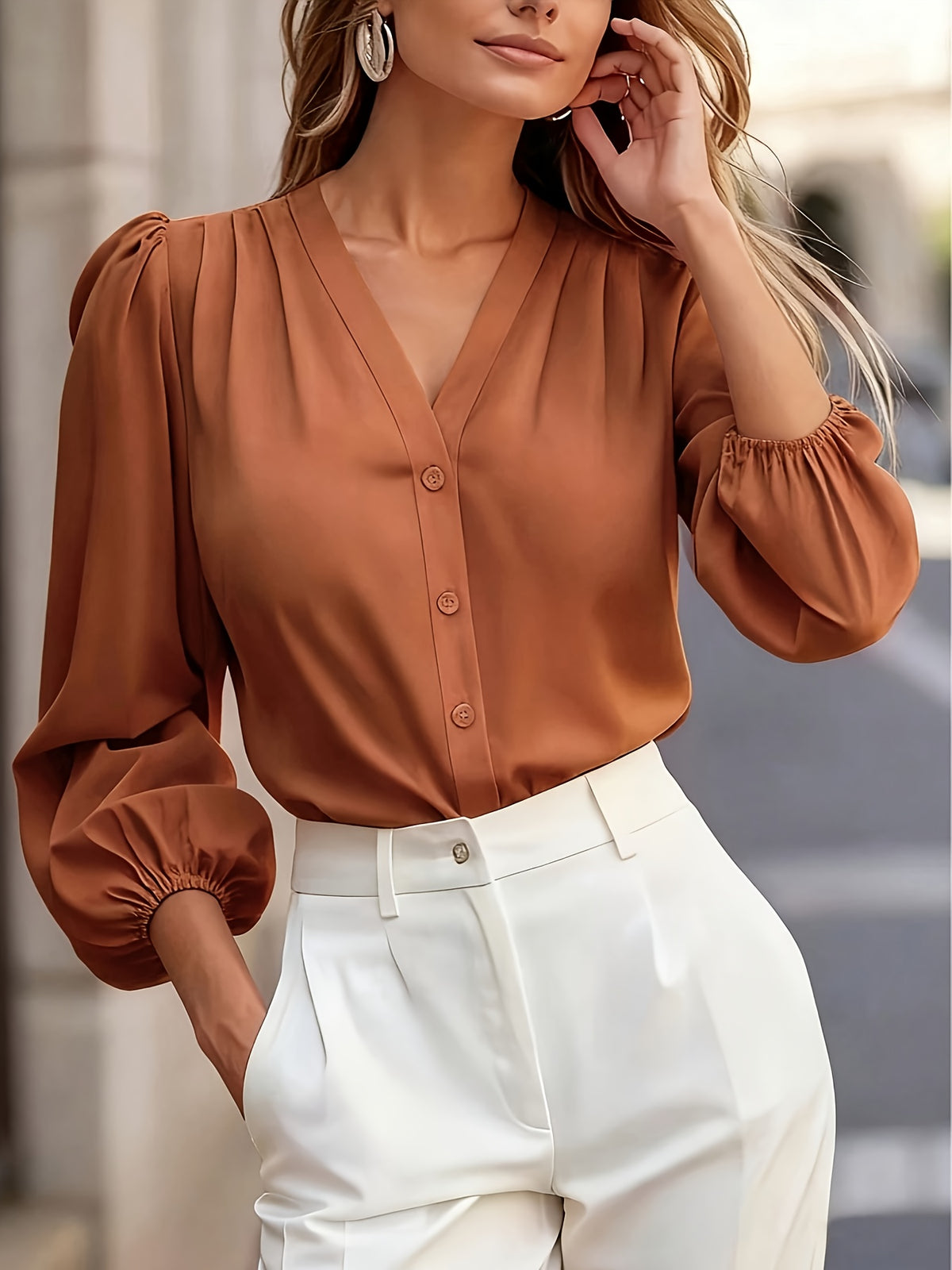 A Solid Color V-Neck Lantern Sleeve Shirt for Women, Stylish And Versatile, Essential for Commuting - Brown