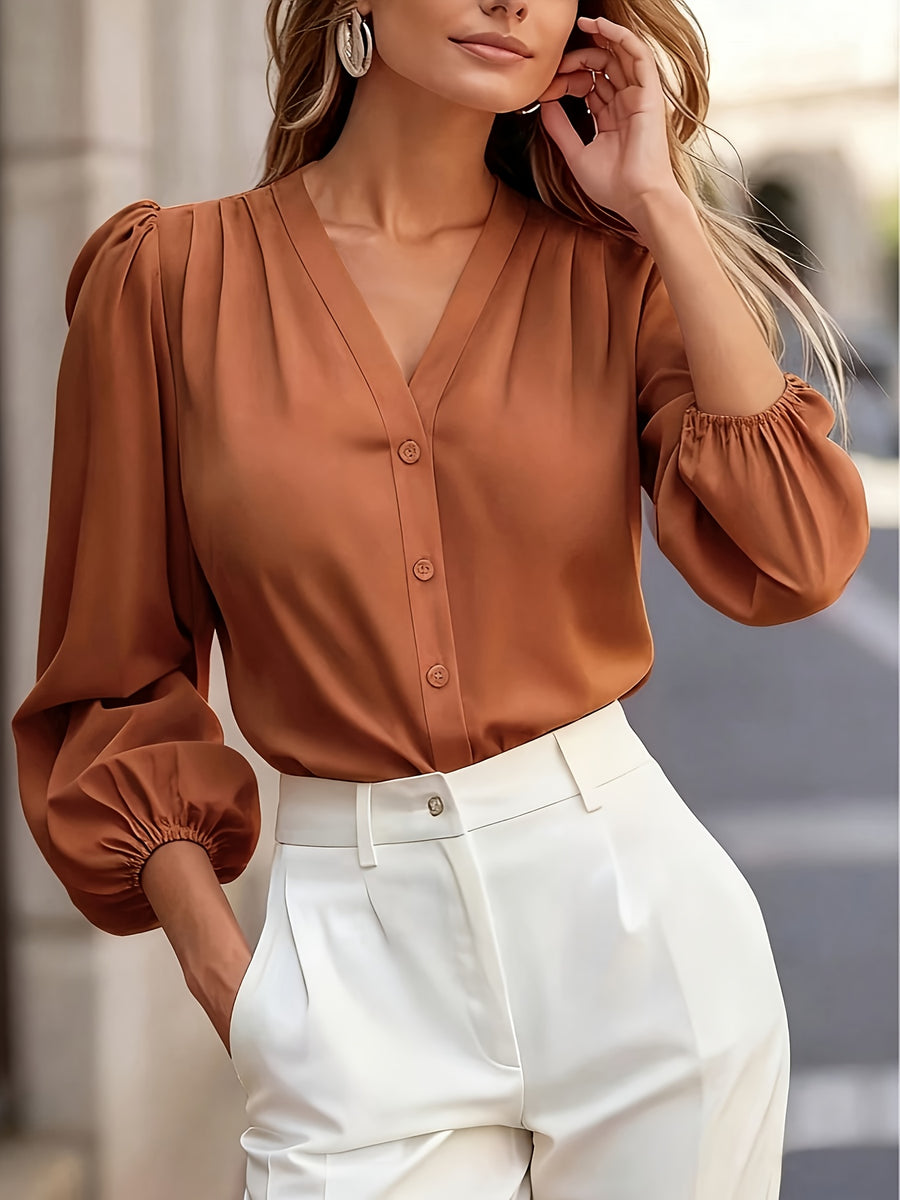 A Solid Color V-Neck Lantern Sleeve Shirt for Women, Stylish And Versatile, Essential for Commuting - Brown