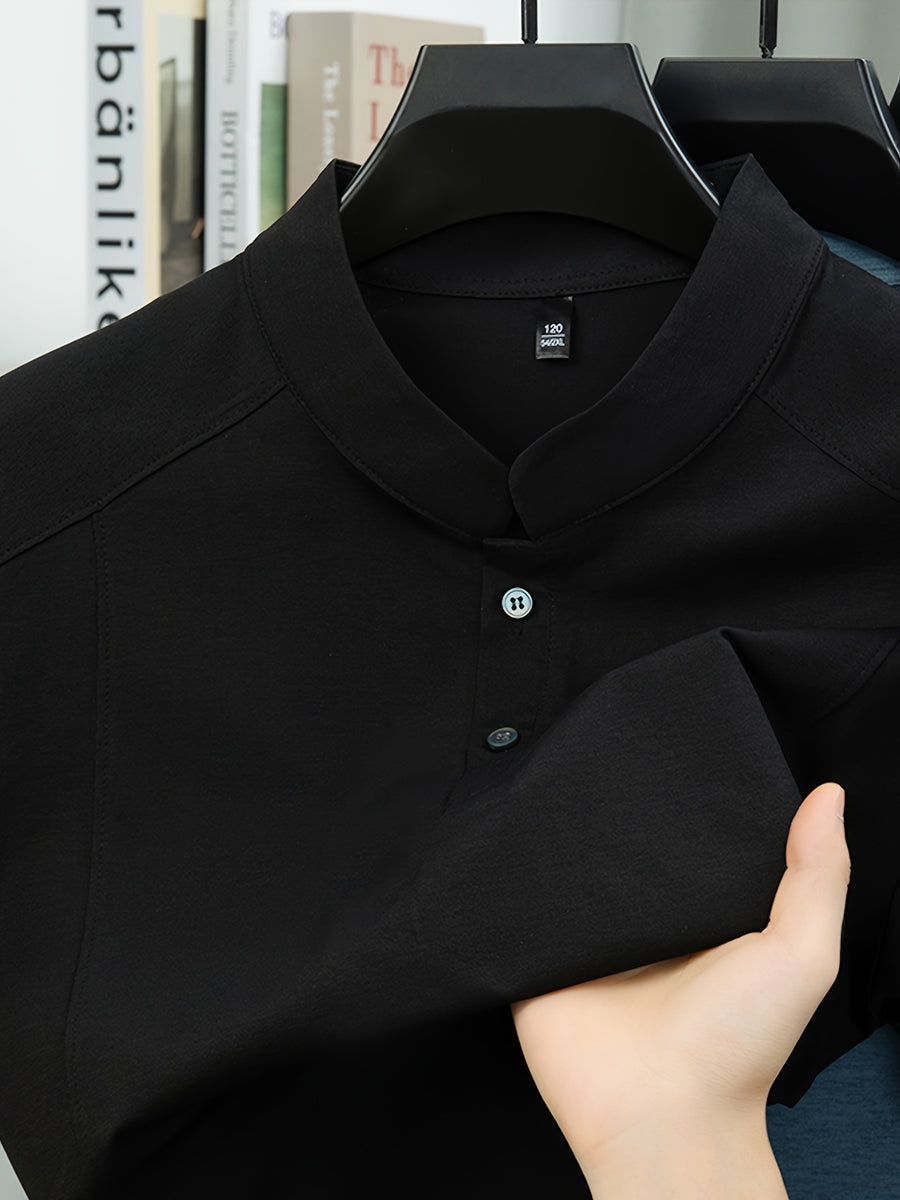 Stand-up Collar Youth Summer Short-sleeve New Style Half-sleeve Top, Pullover Outerwear, Solid Color Versatile Garment - Black