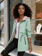 Women's Reversible Mid-Length Spring & Autumn Trench Coat, Color Block, Fixed Hood with Zipper Pockets, Adjustable Cinch Waist Slim Fit, Lightweight Durable Flip Outerwear, Zip-Up Solid Elegant Versatile Outdoor Jacket - Green
