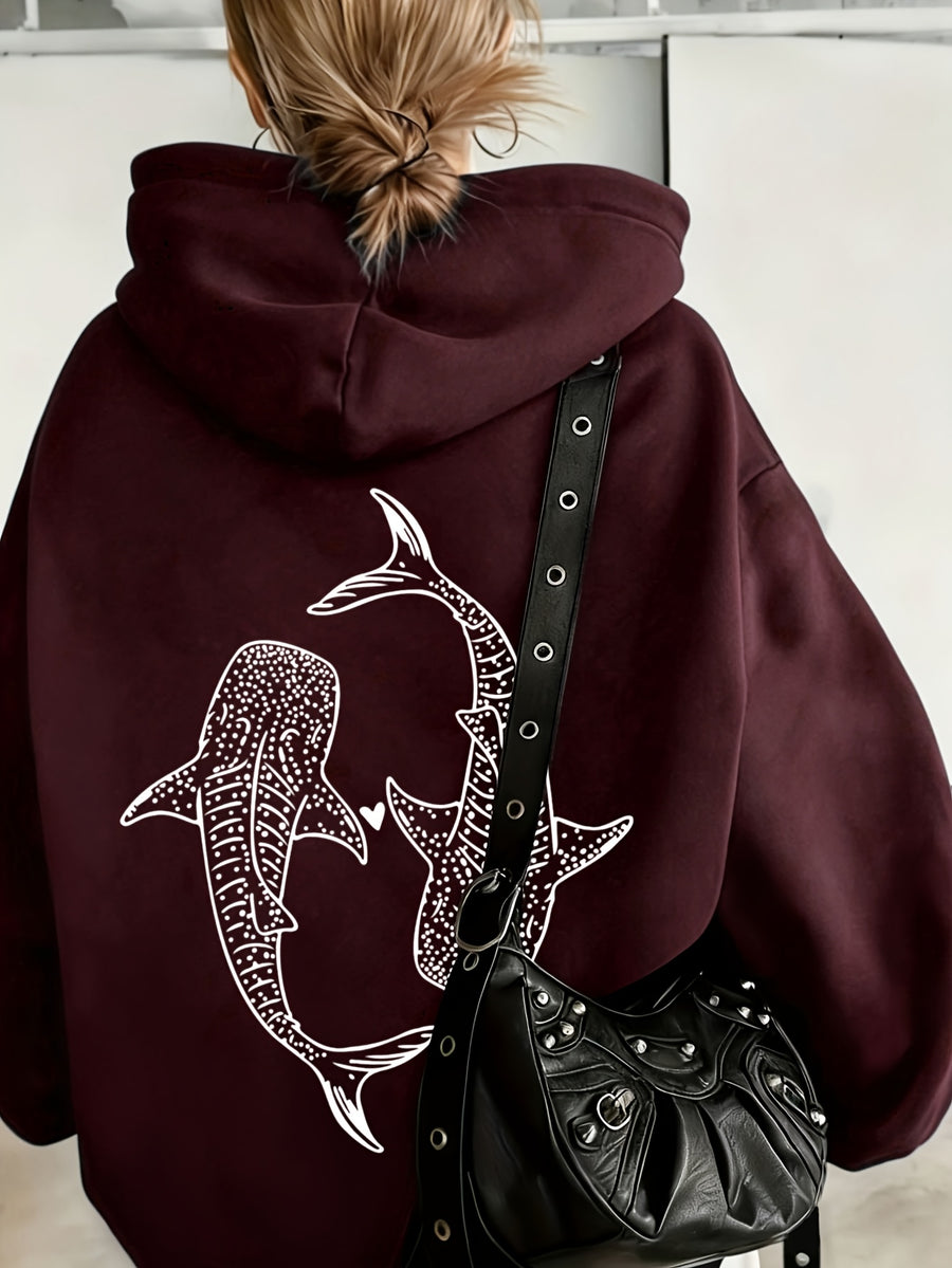 European and American Vintage Minimalist Artistic Style Top, Whale Shark Print Pattern Hooded 1pc Women's Sweatshirt, Loose Autumn/Winter Pullover Top, Relaxed Oversized Fit, Street Hip-Hop Style, with Kangaroo Pocket, No Drawstring - Wine Red 1