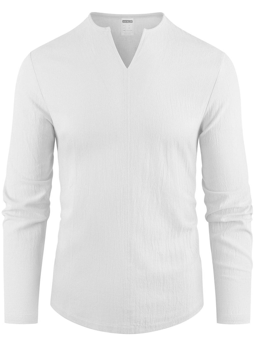 Spring New Men'S Long Sleeve Shirt Solid Color Loose Casual Soft Shirt Basic Daily Fashion V-Neck Men'S Top - Porcelain White