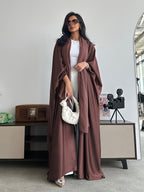Middle Eastern Muslim Solid Color Loose Robe with Batwing Sleeves, Long Dubai Cardigan with Headscarf - The color of rouge