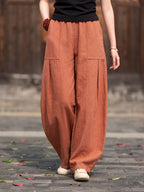 Summer Women'S Harem Pants Elastic Waist Lightweight Fabric All-Season And Wide-Leg Pants Solid Color Casual Trousers - Brick Red