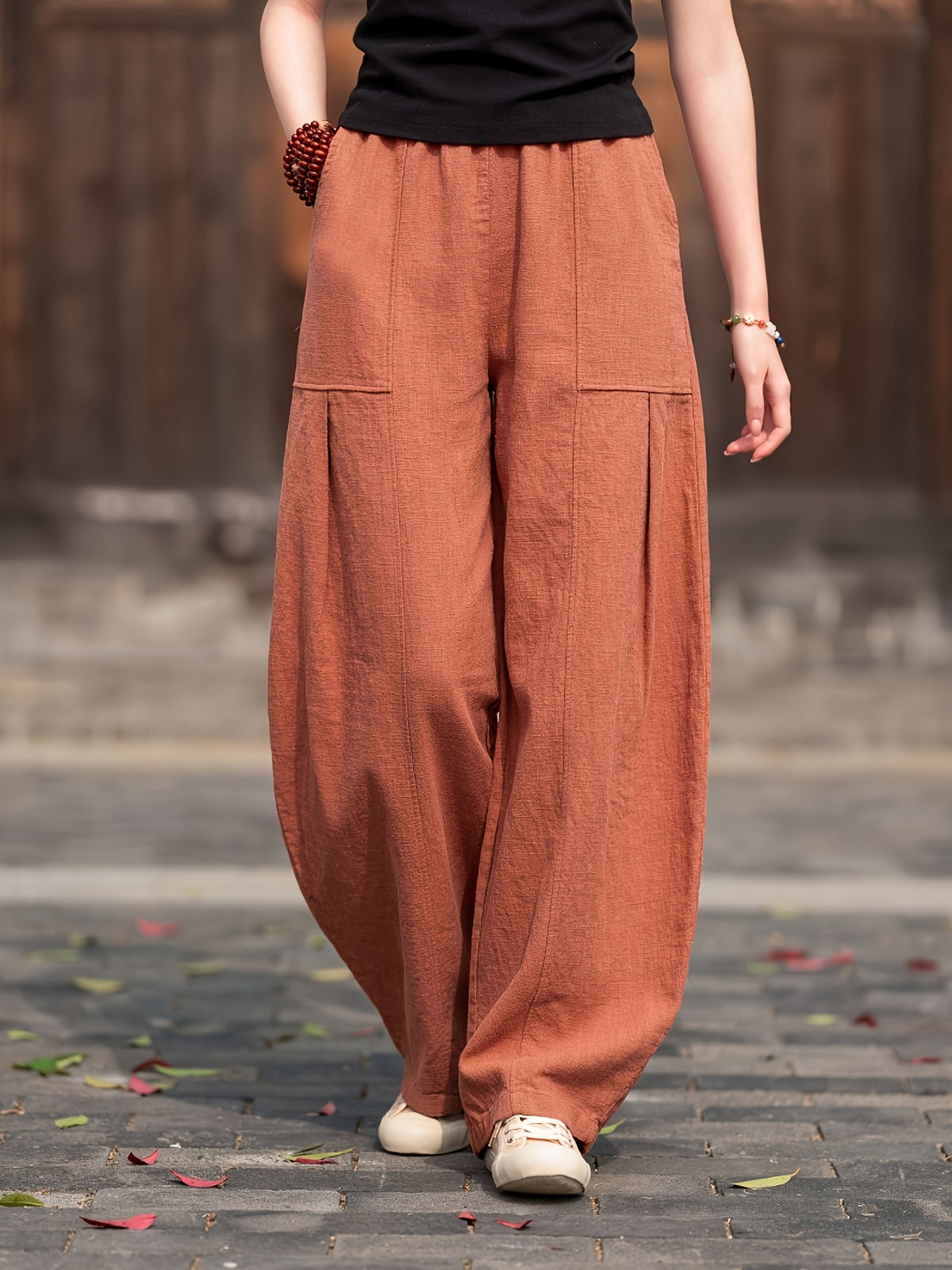 Summer Women'S Harem Pants Elastic Waist Lightweight Fabric All-Season And Wide-Leg Pants Solid Color Casual Trousers - Brick Red