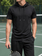 Men's Lightweight Breathable Short-Sleeve Hooded Sweatshirt - Solid Color Loose Fit Hoodie Suitable for Gym, Running, Outdoor Commuting | Machine Washable Pullover Hooded T-Shirt for Youth &, Basic Versatile Casual Wear - Black