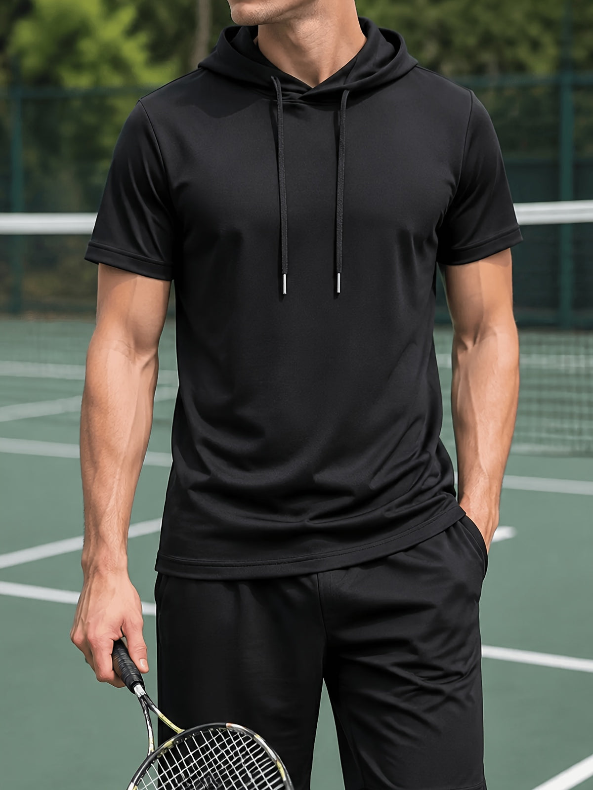 Men's Lightweight Breathable Short-Sleeve Hooded Sweatshirt - Solid Color Loose Fit Hoodie Suitable for Gym, Running, Outdoor Commuting | Machine Washable Pullover Hooded T-Shirt for Youth &, Basic Versatile Casual Wear - Black