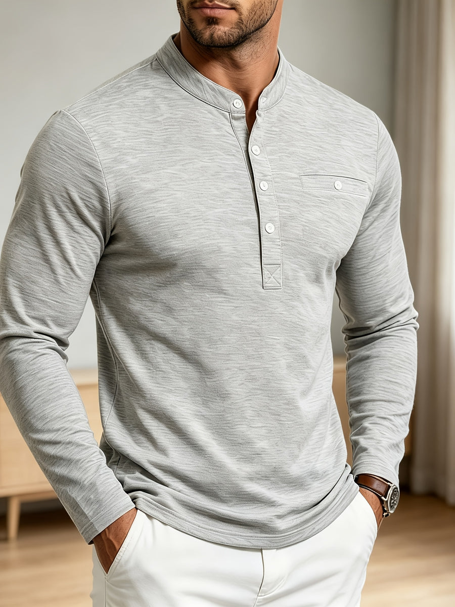 Men Spring Autumn Textured Mandarin Collar Henley 5-button Long Sleeve Top. Slim Soft Breathable Wrinkle-resistant Long Tee for Daily Business Commute & Casual Wear. - Light Grey