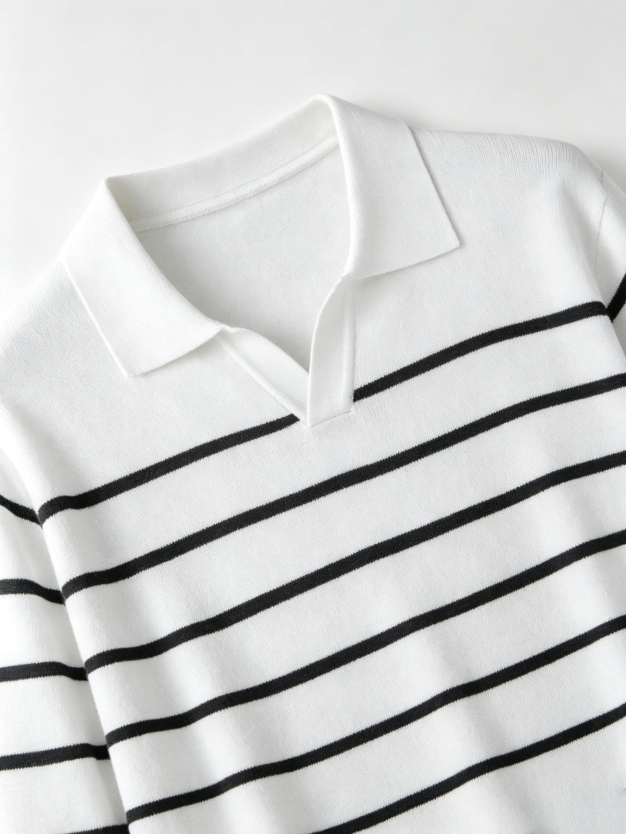 Men's Vintage Nautical Lapel Knit Long-Sleeve Sweater with Classic Thin Horizontal Stripe Design, Relaxed V-Neck Pullover Suitable for Layering or Wearing as a Casual Outerwear Cardigan - White