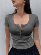 Women's Solid Color Low-Neck Short Sleeve - Grey