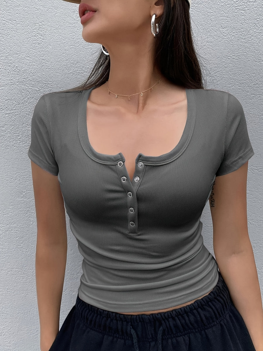 Women's Solid Color Low-Neck Short Sleeve - Grey