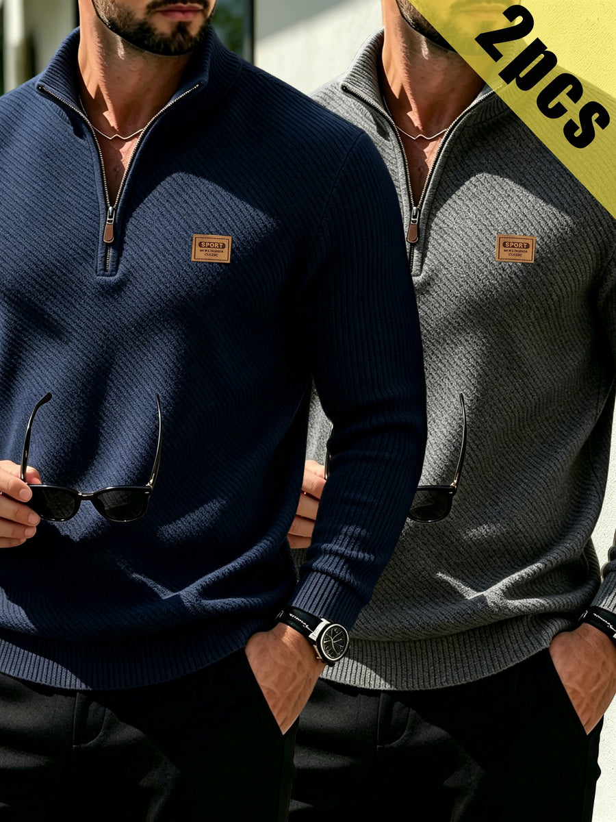 2pcs Men's Fashionable Versatile Top, Twill Texture Half-Zip Stand Collar Long-Sleeve Sweatshirt, Knitted Solid Color Long-Sleeve Casual Top for Daily Leisure, Sports & Fitness, Fashionable and Versatile. Soft, Comfortable, and Stylish Solid Color - Navy Blue + Gray