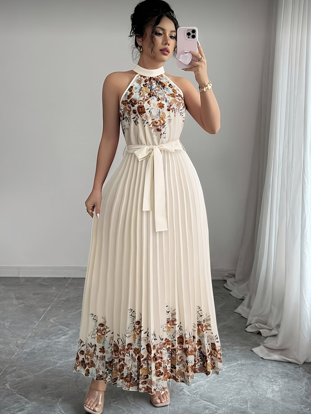 Women'S Floral Print Pleated Maxi Dress with Drawstring Waist for Dates, Parties, Vacations, And Weddings - Multicolor