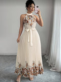 Women'S Floral Print Pleated Maxi Dress with Drawstring Waist for Dates, Parties, Vacations, And Weddings - Multicolor