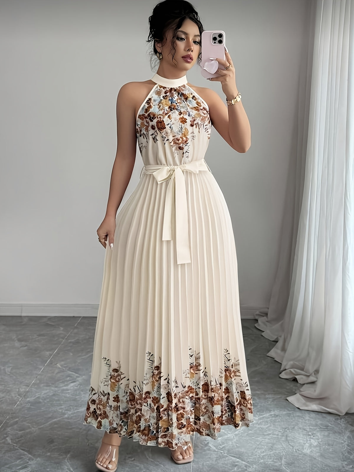 Women'S Floral Print Pleated Maxi Dress with Drawstring Waist for Dates, Parties, Vacations, And Weddings - Multicolor