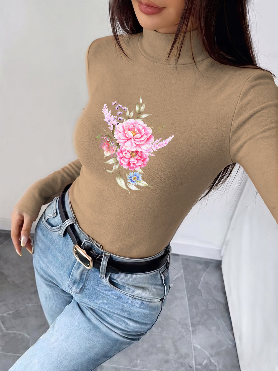 Women'S 2026 New Fashion Half-Turtleneck Long Sleeve Body Suit, Casual Texture Fall Winter Style, Essential Basic Base Layer for Fall Winter, Slim Sexy Comfortable Warm "Pink Peonies Lavender Blue Flower Joyful Leaves" - Khaki