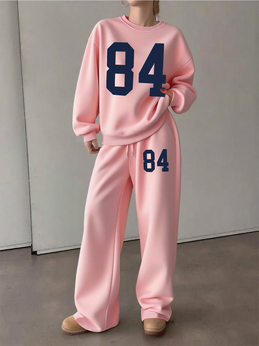 Graphic Print Two-Piece Set, Crew Neck Sweatshirt And Pants, Women'S Clothing - Pink