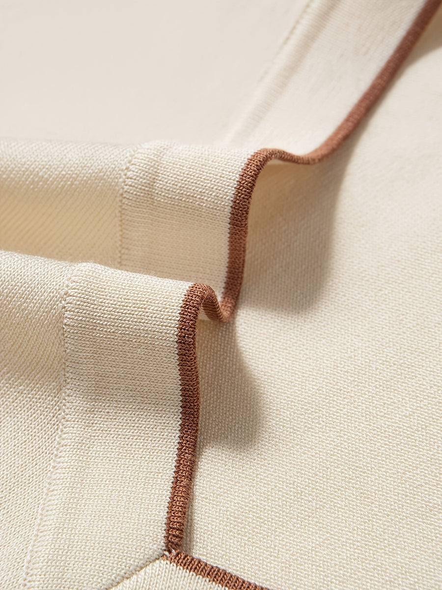 Men'S Casual Sportswear Sweater, Knitwear Summer New Men'S Casual V-Neck Pullover Short-Sleeved T-Shirt Middle-Aged Solid Color Knit T-Shirt Half-Sleeve Top - Beige Apricot