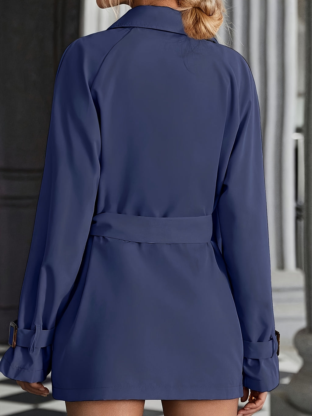 Women'S Casual Long Sleeve Belted Trench Coat, Fashion Double-Breasted Blazer - Navy Color